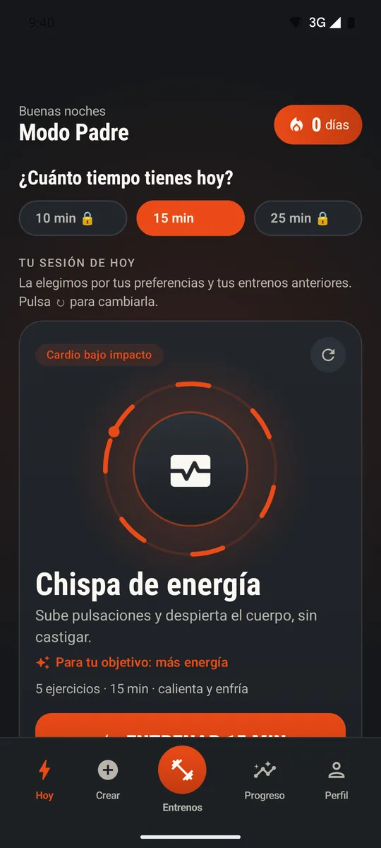 Pantalla Hoy de MODO PADRE con el entreno recomendado del día