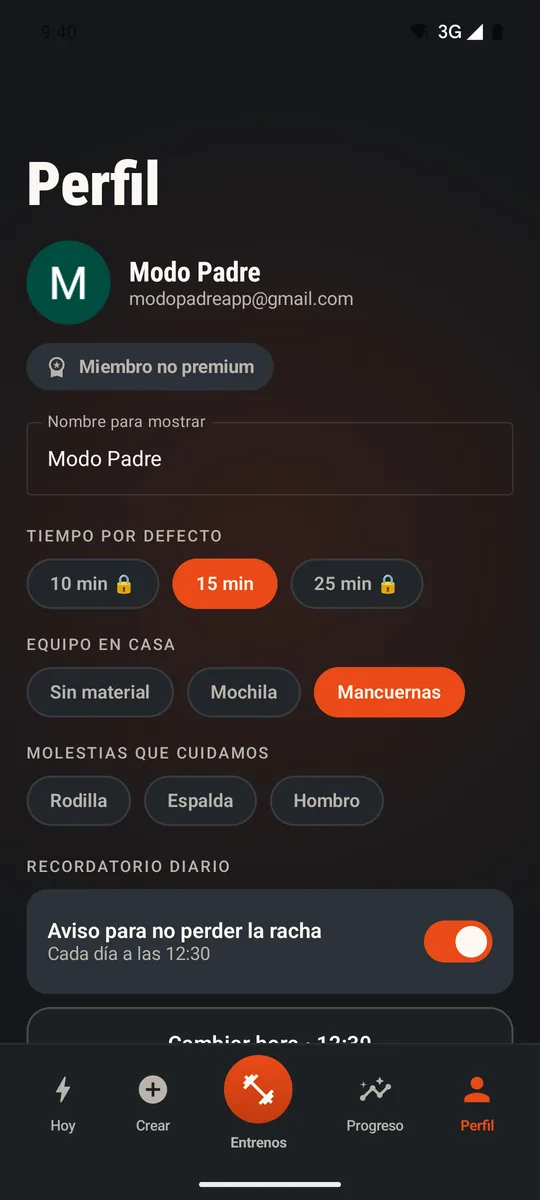 Perfil y ajustes de MODO PADRE